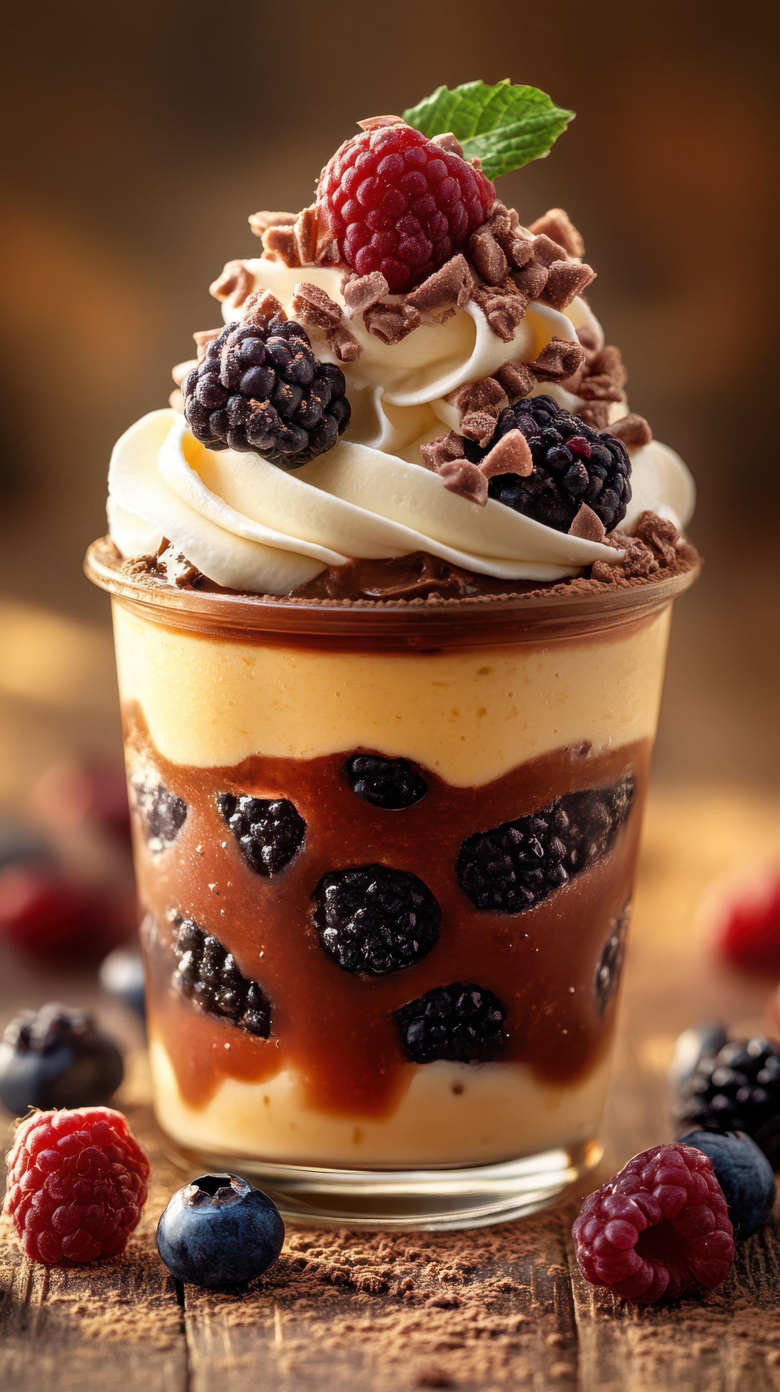 Indulgent dessert featuring layered chocolate, fruit compote and whipped cream served in a glass cup during a cozy gathering